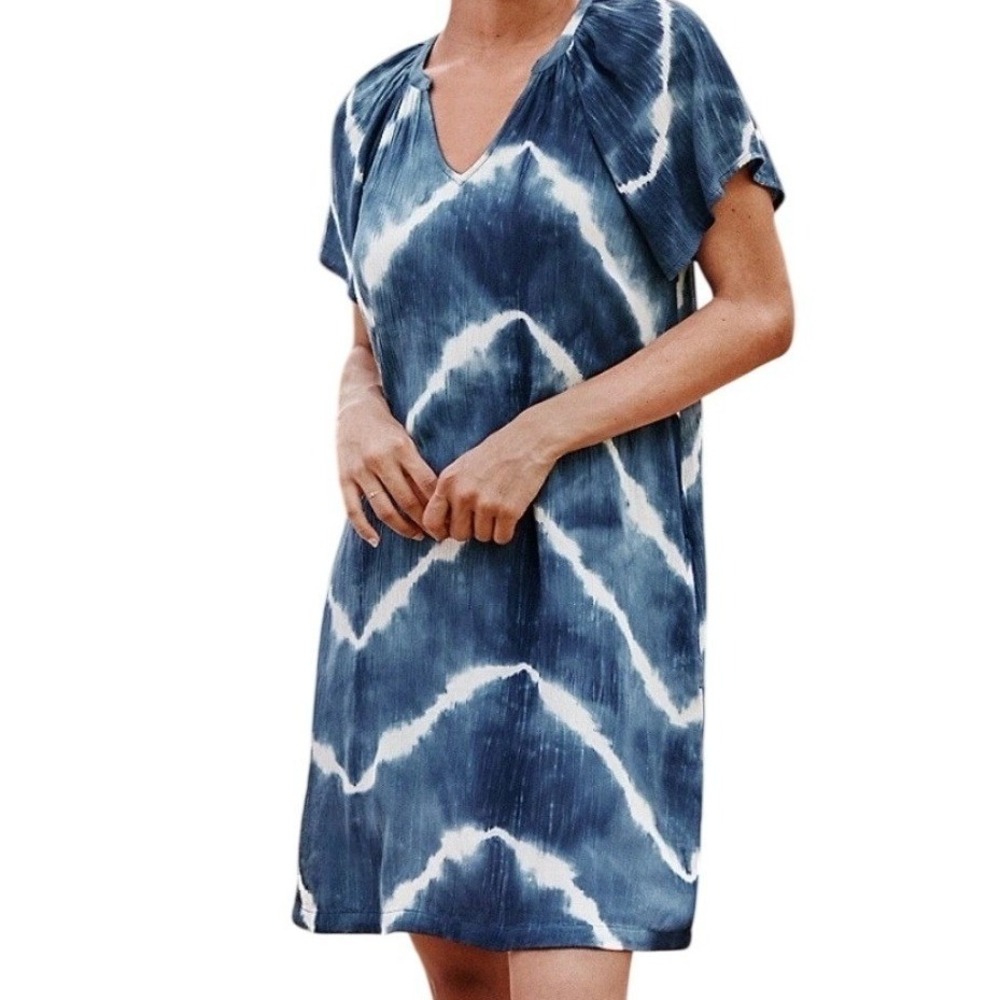 Garnet Hill Athena Crepe Dress Women's Size Small Blue White Tie‎ Dye V-Neck